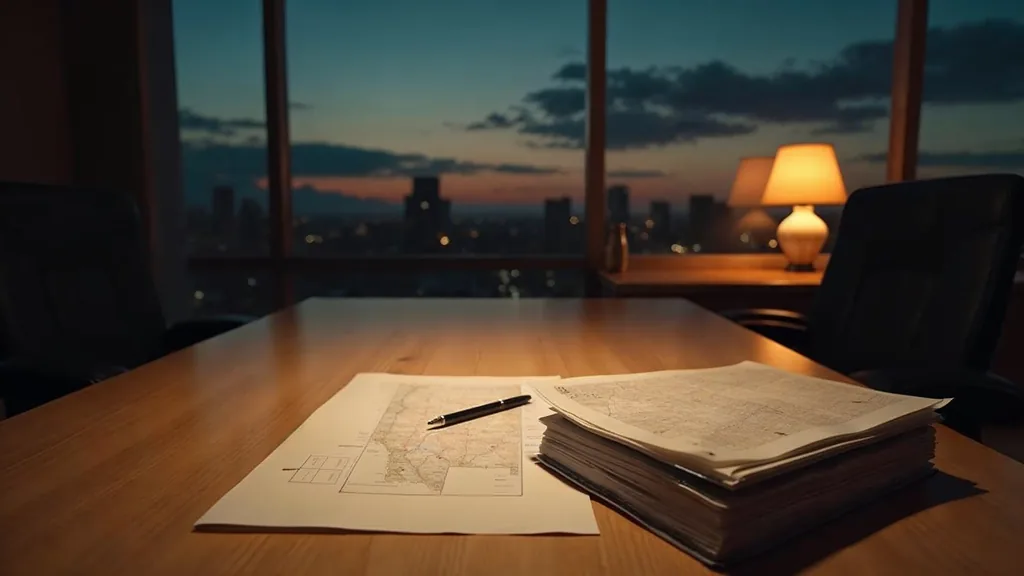 An empty franchise headquarters boardroom at dusk with a blank unbranded location rollout checklist on a long light oak table, identical unlabelled binders and one warm amber lamp