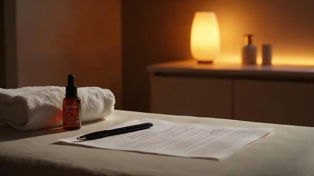 An empty medical spa treatment room at dusk with a blank unbranded consultation form on a white stone counter, a folded towel and one warm amber lamp