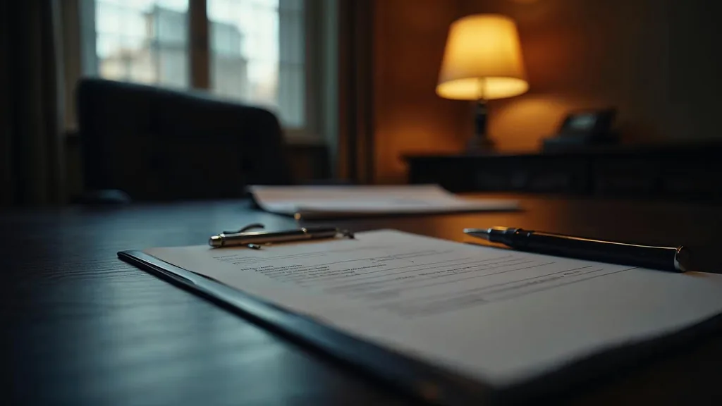 An empty mortgage brokerage office at dusk with a blank unbranded loan application on a dark oak desk, a rate sheet face down and one warm amber lamp