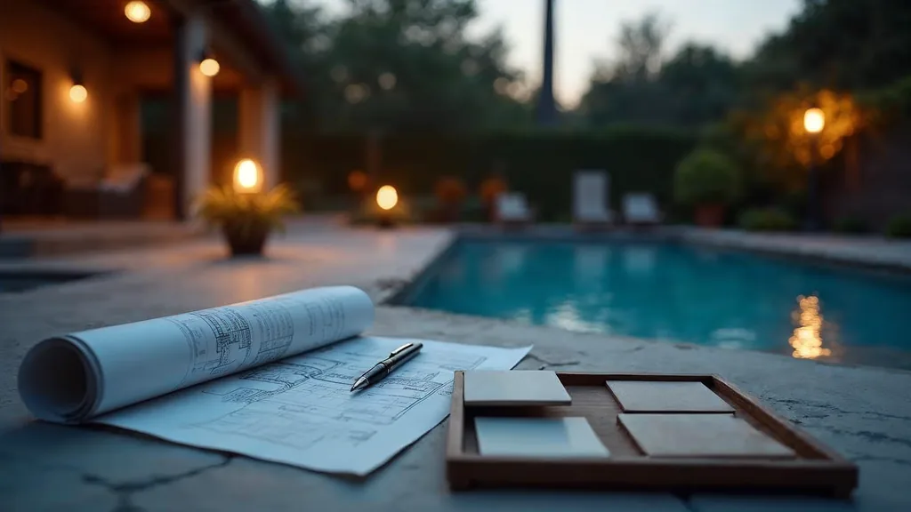 An empty pool builder design studio at dusk with rolled unbranded backyard blueprints on a light concrete table, a tray of unlabelled tile samples and one warm amber lamp