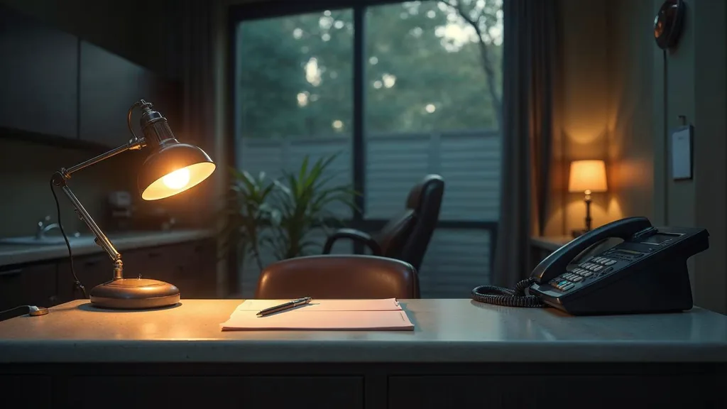 An empty dental practice front office at dusk with a blank unbranded press kit folder on a pale stone counter, a switchboard phone off its cradle and one warm amber lamp