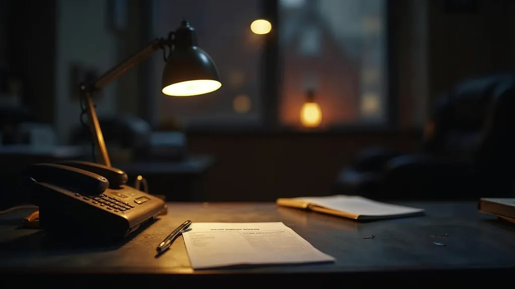 An empty HVAC contractor back office at dusk with a blank unbranded service ticket on a scuffed steel desk, a landline phone off its cradle and one warm amber lamp
