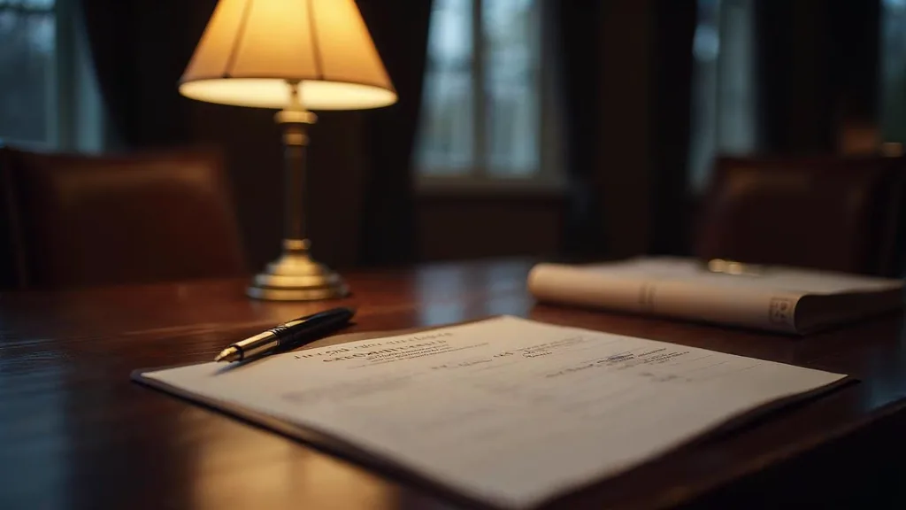 An empty personal injury law firm reception at dusk with a blank unbranded case intake form on a dark walnut desk, an unlabelled stack of law reports and one warm amber lamp
