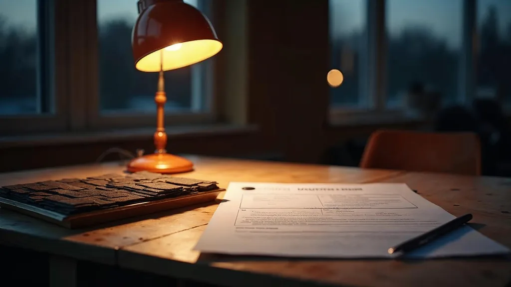 An empty roofing contractor site office at dusk with a blank unbranded inspection report on a plywood desk, unlabelled shingle samples in a tray and one warm amber lamp