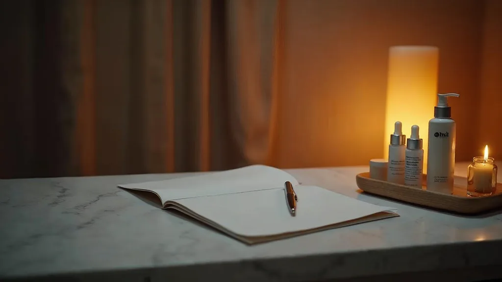 An empty medical spa consultation room at dusk with a blank unbranded press folder on a white stone counter, unlabelled serum bottles on a tray and one warm amber lamp