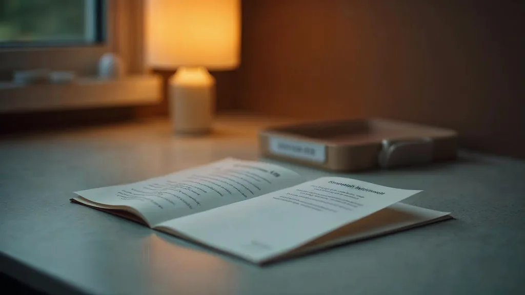 An empty fertility clinic consultation room at dusk with a blank unbranded information booklet on a pale stone desk, an unlabelled specimen tray and one warm amber lamp
