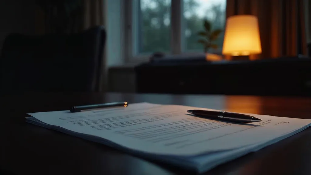 An empty financial advisory office at dusk with a blank unbranded client questionnaire on a dark oak desk, a printed statement face down and one warm amber lamp