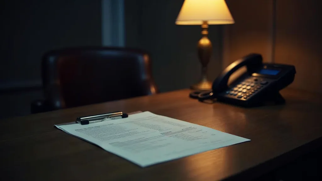 An empty mortgage brokerage office at dusk with a blank unbranded loan application on a dark oak desk, a rate sheet face down, a desk phone off its cradle and one warm amber lamp