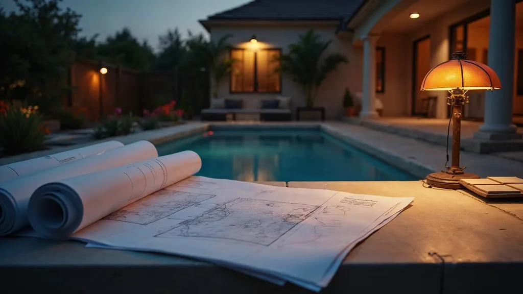 An empty pool builder design studio at dusk with rolled unbranded backyard blueprints on a light concrete table, a tray of unlabelled tile samples and one warm amber lamp