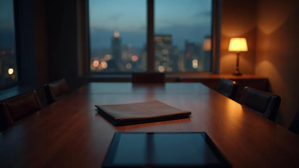 An empty private wealth advisory meeting room at dusk with a closed unbranded portfolio folder on a polished walnut table, a switched-off tablet and one warm amber lamp