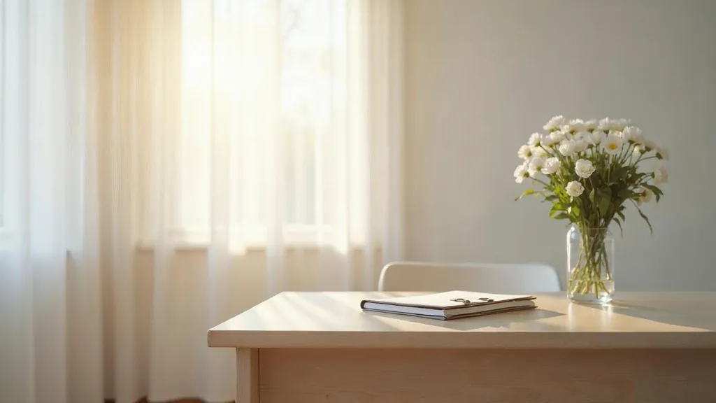 An empty fertility clinic consultation room at dawn with a closed unbranded folder on a pale oak desk, a small vase of white flowers and soft daylight through sheer blinds
