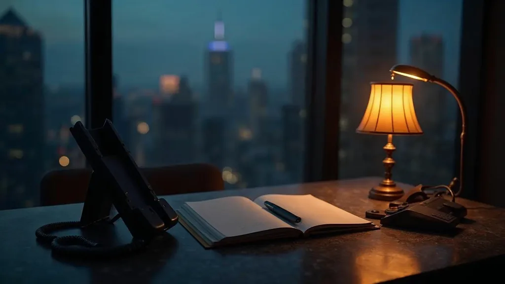 An empty asset management office at dusk with a closed unbranded notebook on a dark stone desk, a desk phone off its cradle and one warm amber lamp