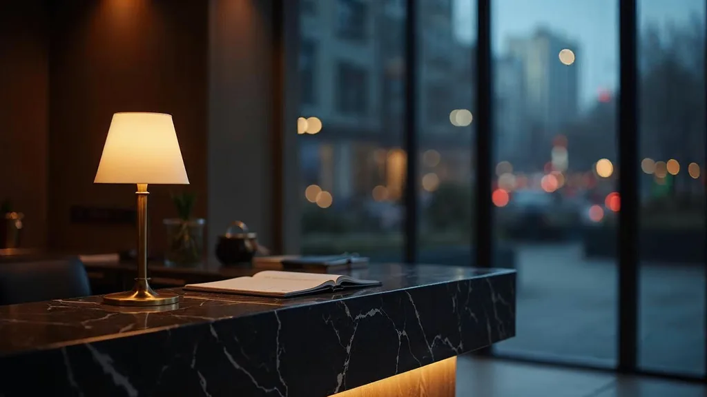 An empty wealth management reception at dusk with a closed unbranded guest book on a dark marble counter, a single lit brass desk lamp and blurred city lights beyond glass