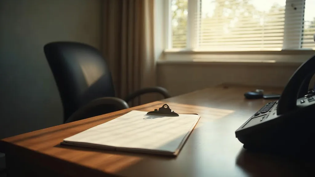 An empty treatment centre intake office at dawn with a blank unbranded clipboard on a plain wooden desk, a switched-off desk phone and soft daylight through half-open blinds