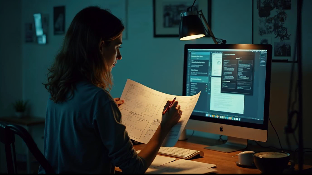 Web designer reviewing responsive website wireframes on desktop and mobile at a studio workstation