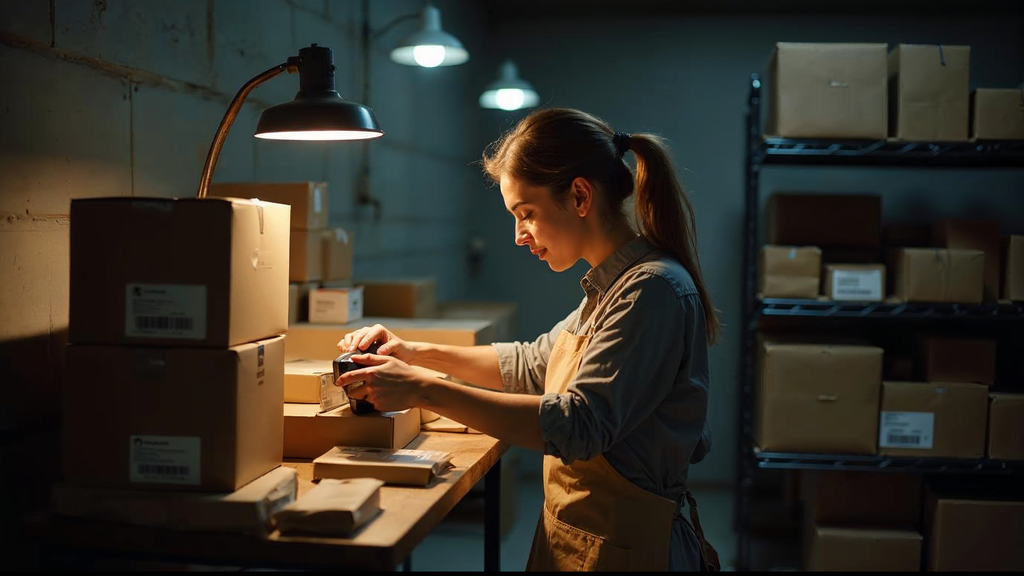 Warehouse operator packing ecommerce orders under warm light at a small fulfilment bench
