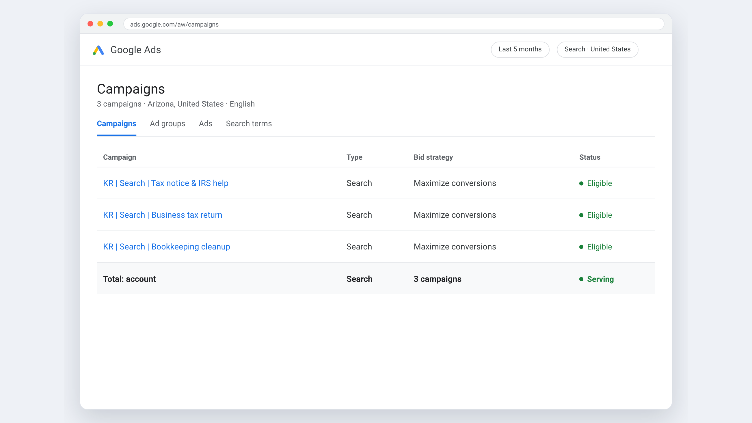 Google Ads campaigns screen: three service-intent campaigns for tax notice, business return and bookkeeping