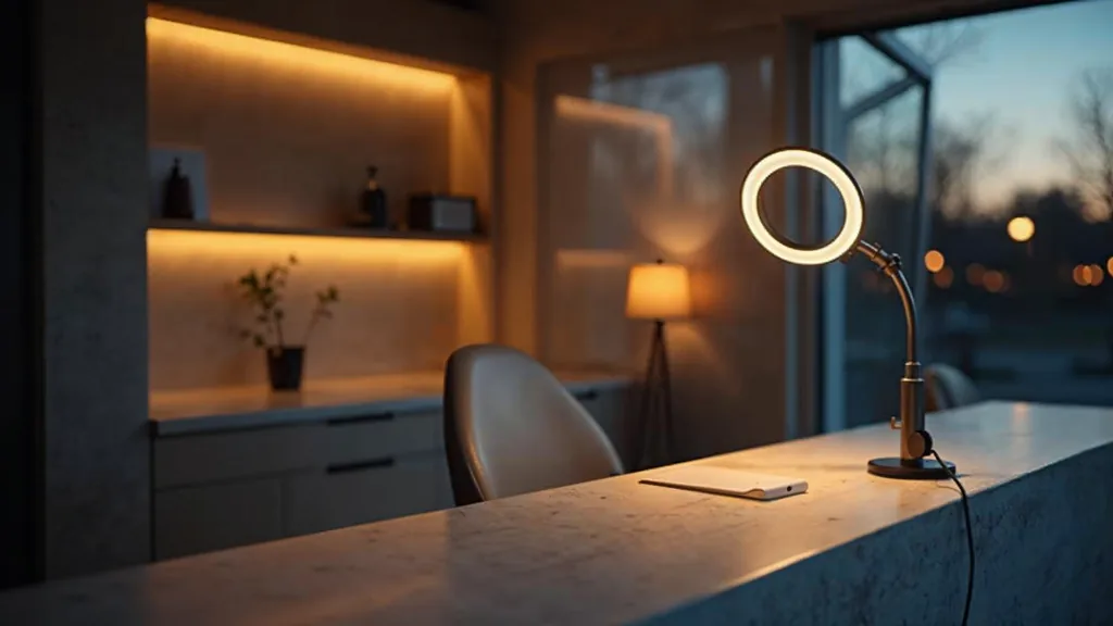 An empty modern dental practice reception at dusk with a ring light on a stand facing an empty chair, an empty phone clamp and one warm amber lamp