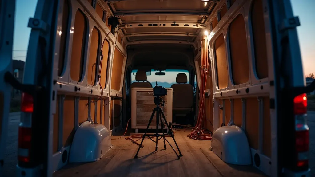 An empty HVAC service van at dusk with rear doors open, a camera on a tripod facing a new condenser unit on the ground and one warm amber work light