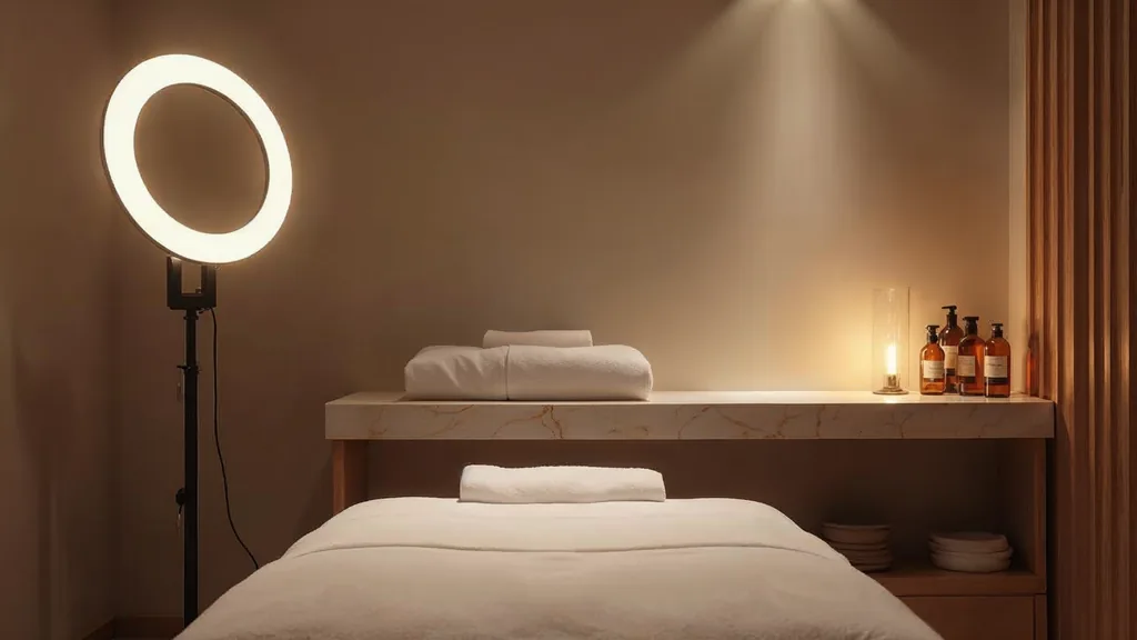 An empty medical spa treatment room at dusk with a ring light beside an empty treatment bed, folded white towels and unbranded amber glass bottles on a pale marble ledge