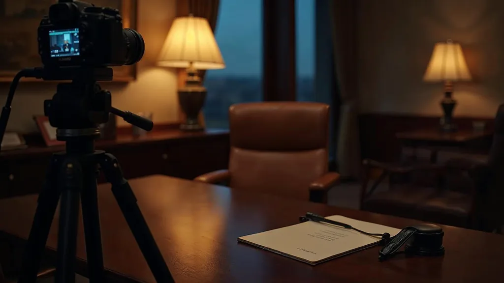 An empty law office conference room at dusk with a camera on a tripod facing an empty leather chair, a lapel microphone on a dark walnut table and one warm amber lamp
