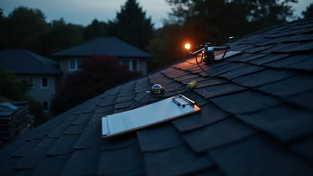 An empty residential roof at dusk with stacked shingle bundles, a small drone resting on the ridge, a coiled safety line and one warm amber work light