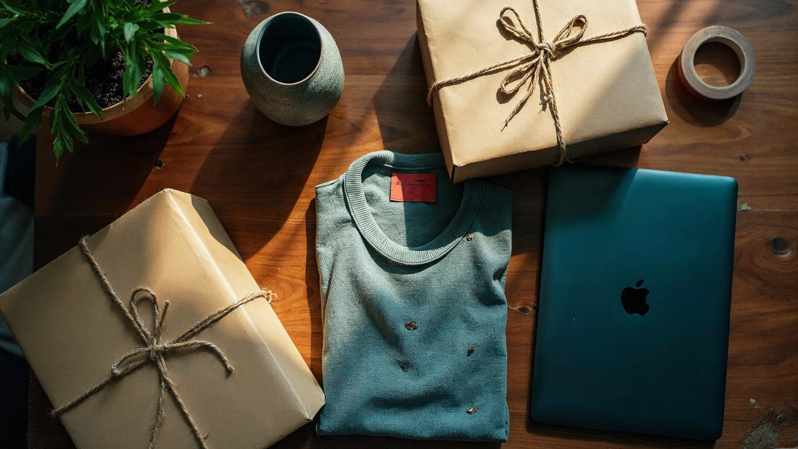 Overhead flat lay of kraft parcels, a folded knit garment and packing tape on an online store's shipping bench