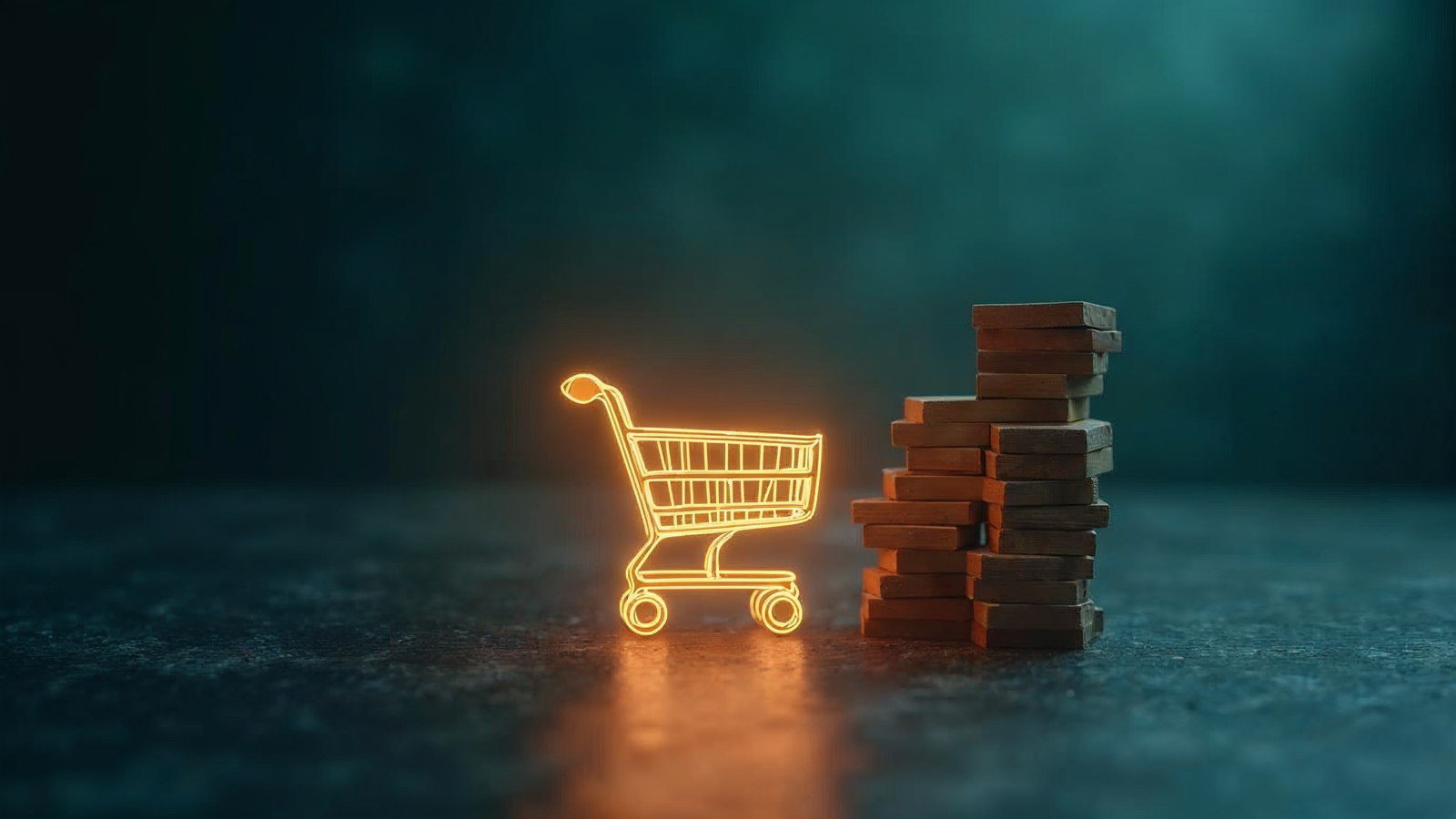 Glowing shopping cart outline beside a rising stack of wooden blocks, representing ecommerce revenue growth