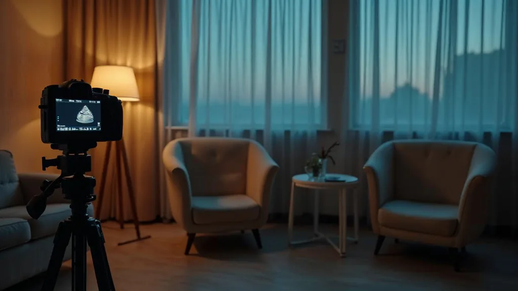 An empty fertility clinic consultation room at dusk with a camera on a tripod facing two empty upholstered chairs, a small microphone on a pale wood table and one warm amber lamp