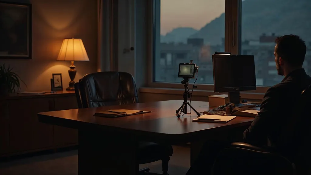 An empty financial advisory office at dusk with a camera on a tripod facing an empty leather chair, a lapel microphone on a dark walnut table and one warm amber lamp