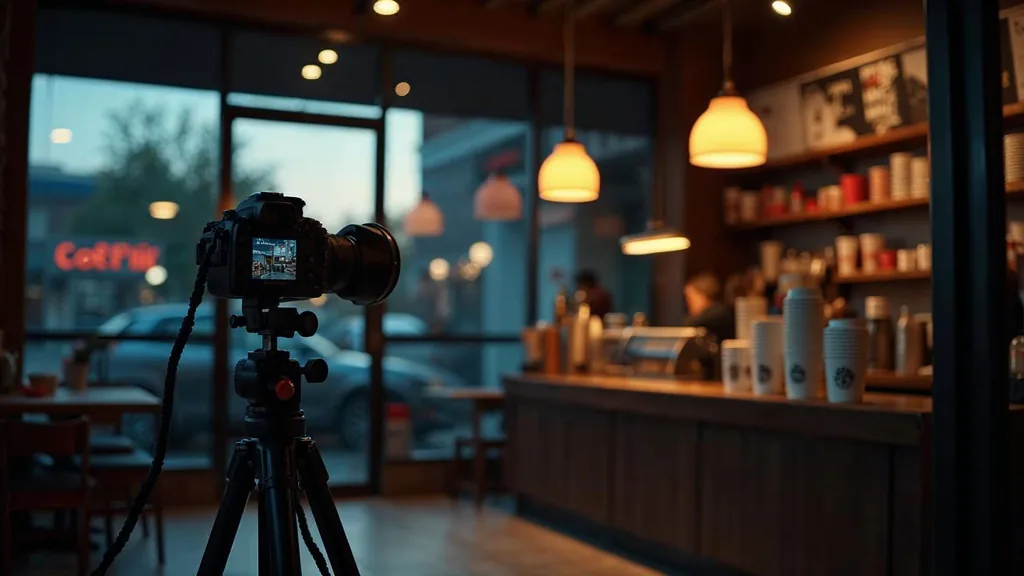 An empty franchise storefront interior at dusk with a camera on a tripod facing an empty service counter, a ring light on a stand, stacked unbranded takeaway cups and one warm amber pendant lamp