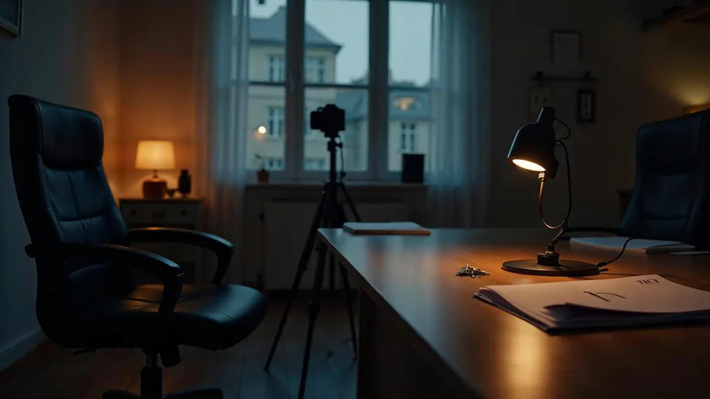 An empty mortgage brokerage office at dusk with a camera on a tripod facing an empty desk chair, a ring light on a stand, a set of house keys and an unbranded folder on the desk and one warm amber lamp