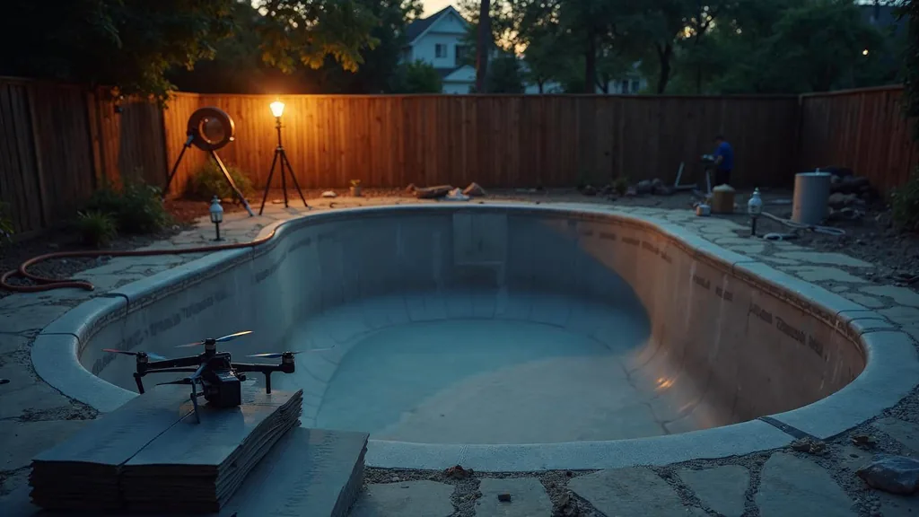An empty backyard swimming pool under construction at dusk with a small drone resting on a stack of tile boxes beside the shell, a camera on a tripod facing the excavation and one warm amber work light