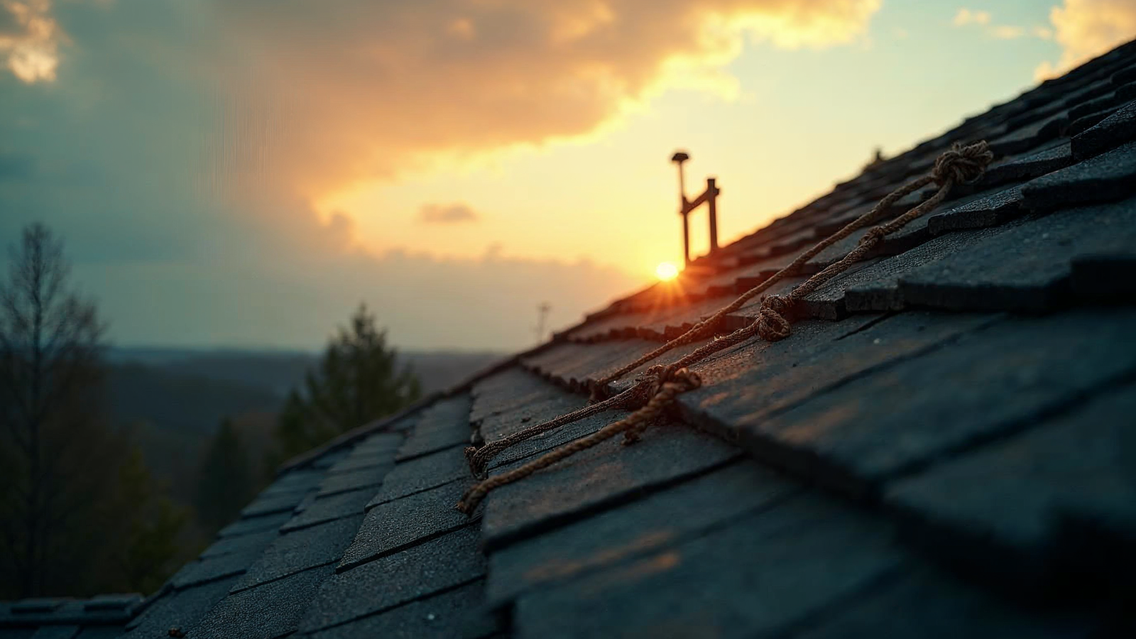 Newly shingled residential roof ridge at golden hour with a ladder at the edge