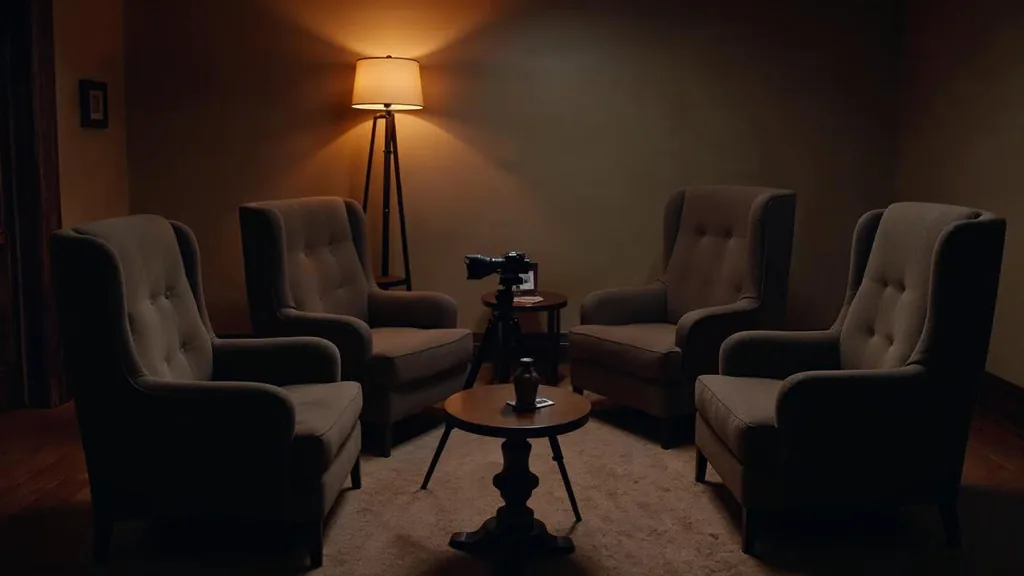 An empty group therapy room at dusk with a circle of empty upholstered chairs, a camera on a tripod facing one chair, a small microphone on a side table and one warm amber floor lamp