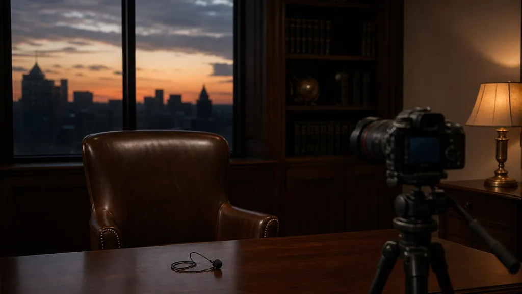 An empty private client meeting room at dusk with a camera on a tripod facing an empty leather armchair, a lapel microphone on a dark walnut table and one warm amber lamp