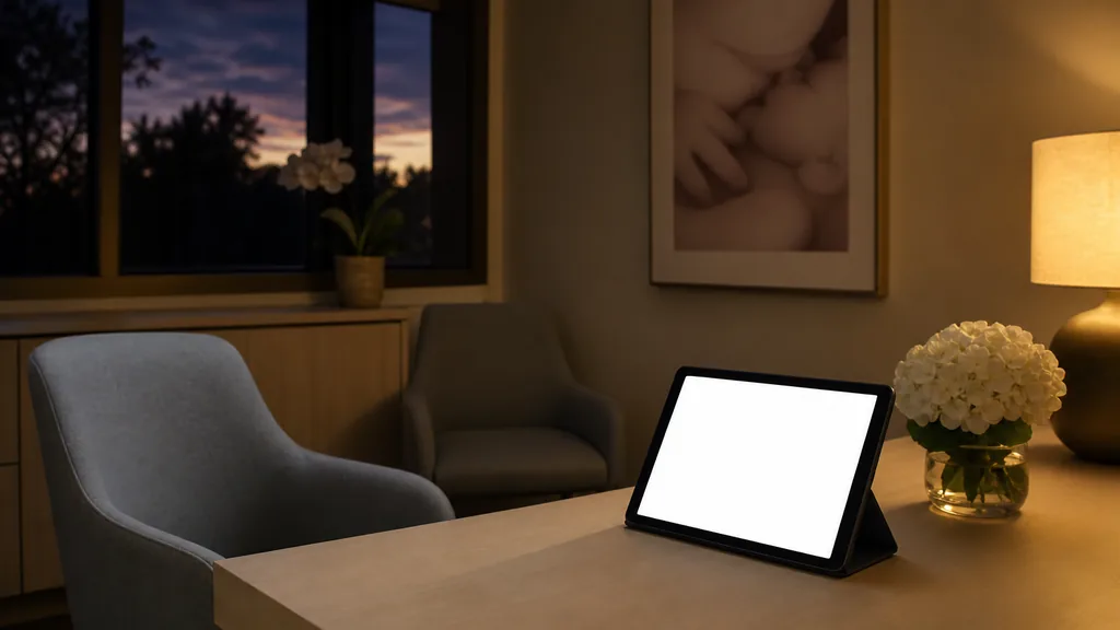 An empty fertility clinic consultation room at dusk with a tablet propped on a pale wood desk showing a blank screen, two empty upholstered chairs, a small vase of white flowers and one warm amber lamp