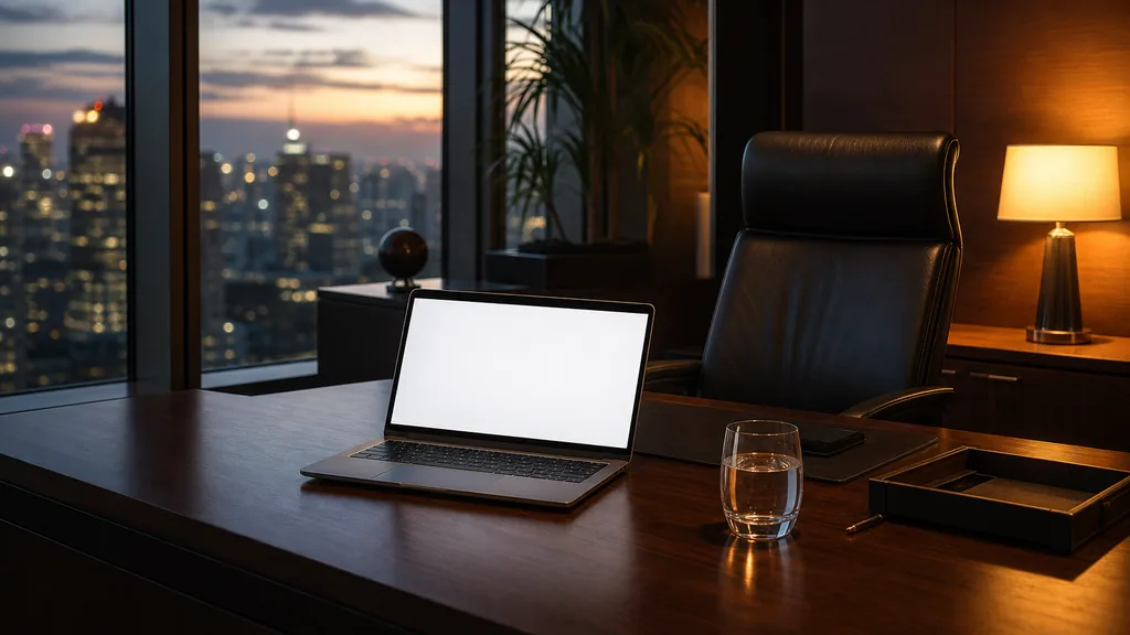An empty wealth management office at dusk with a laptop open on a dark walnut desk showing a blank screen, an empty high-backed chair, a glass of water and city lights blurred through the window
