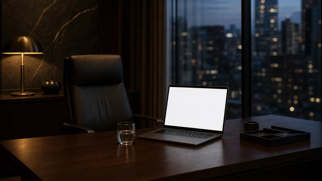 An empty private wealth office at dusk with a laptop open on a dark walnut desk showing a blank screen, one empty high-backed leather chair, a glass of water and city lights blurred through the window