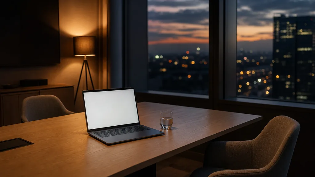 An empty advisory meeting room at dusk with a laptop open on a pale oak table showing a blank screen, two empty upholstered chairs, a glass of water and city lights blurred through tall windows