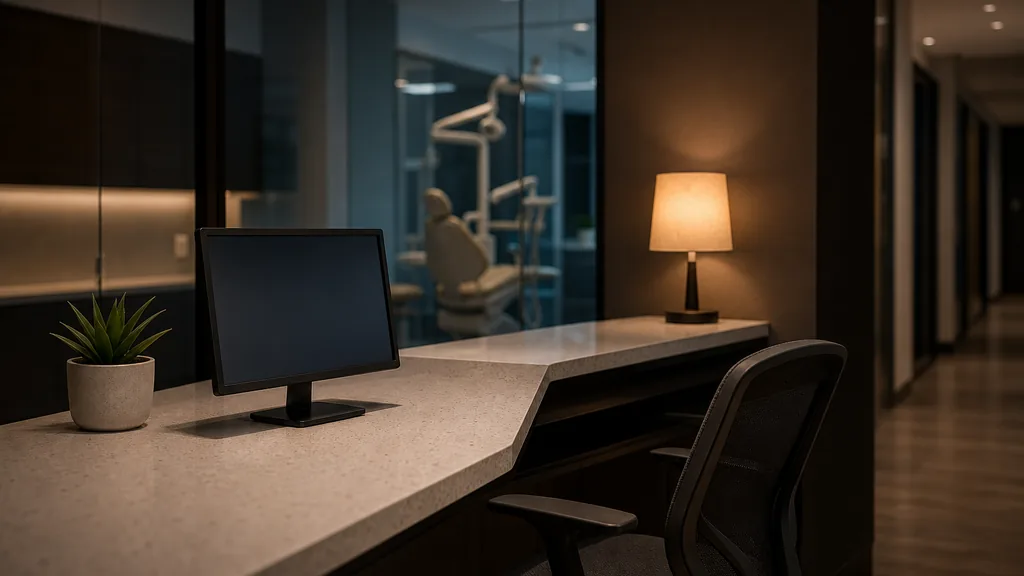 An empty dental practice front office at dusk with a monitor on a quartz counter showing a blank screen, an empty ergonomic chair, a small potted plant and one warm lamp behind a glass partition