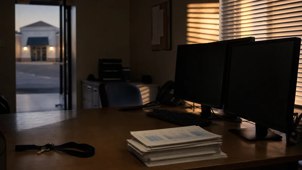 An empty franchise back office at dusk with two dark monitors on a laminate desk, a stack of location reports, keys on a lanyard and warm slatted light through blinds