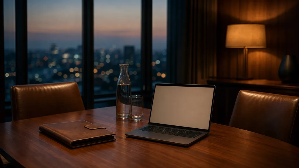 An empty private banking meeting room at dusk with a closed leather portfolio and a laptop showing a blank screen on a walnut table, two empty chairs, a carafe of water and city lights blurred through tall windows