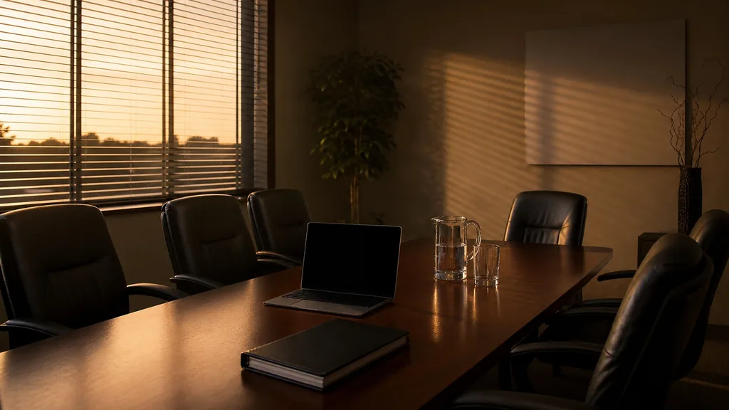 An empty franchise discovery day room at dusk with a long table holding a closed binder and a blank laptop screen, six empty chairs, a glass water pitcher and warm slatted light through blinds