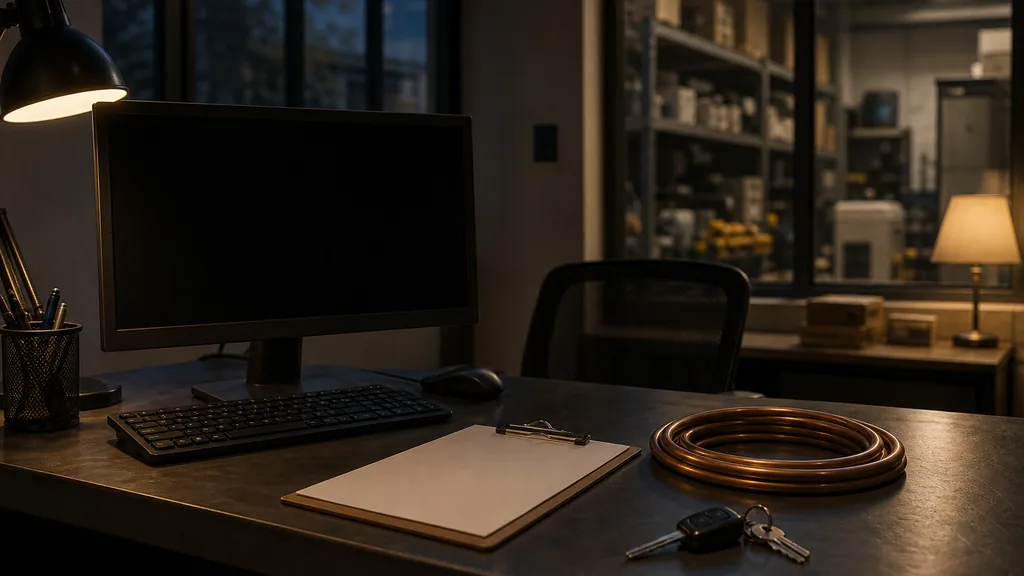 An empty HVAC contractor dispatch office at dusk with a dark monitor on a metal desk, a clipboard, a coiled length of copper pipe and a set of van keys under warm lamp light