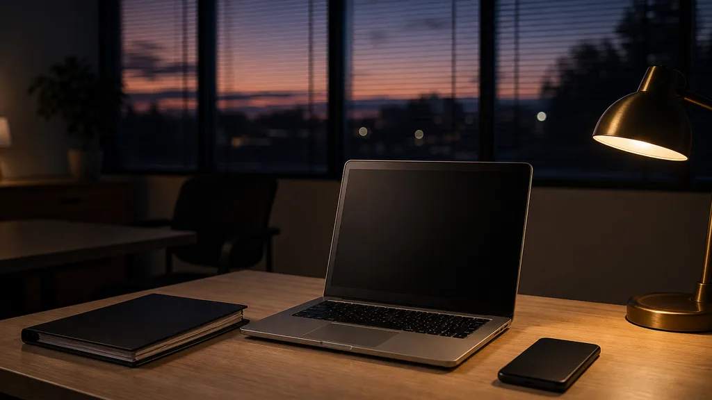 An empty mortgage brokerage office at dusk with a blank laptop screen on a pale oak desk, a closed folder of loan documents, a phone face down and a small brass lamp