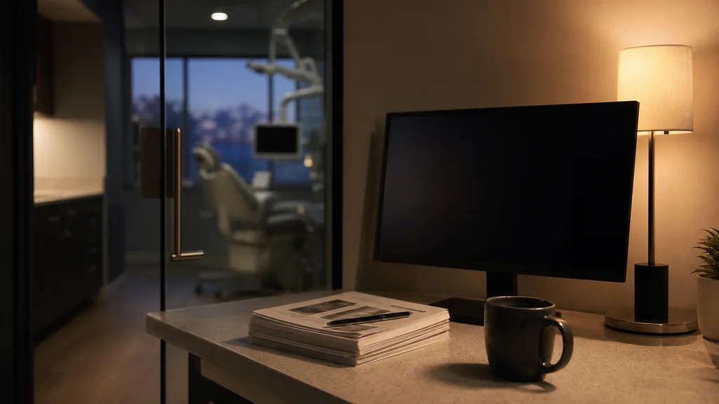 An empty dental practice back office at dusk with a dark monitor on a quartz counter, a stack of printed reports and a coffee cup, a blurred clinical corridor behind a glass partition