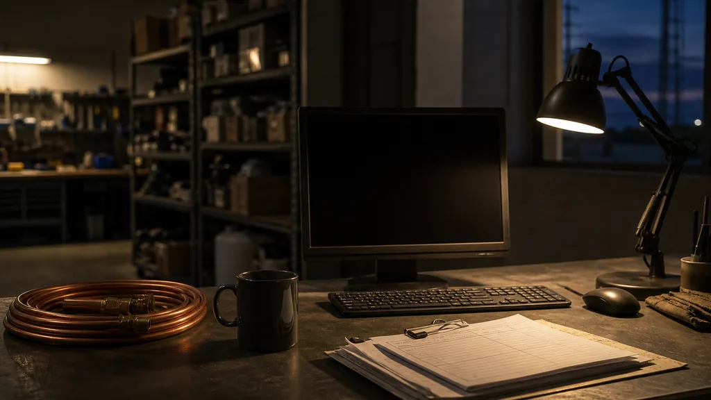 An empty HVAC contractor back office at dusk with a dark monitor on a metal desk, a clipboard of service tickets, a coiled length of copper pipe and warm lamp light through a dusty window