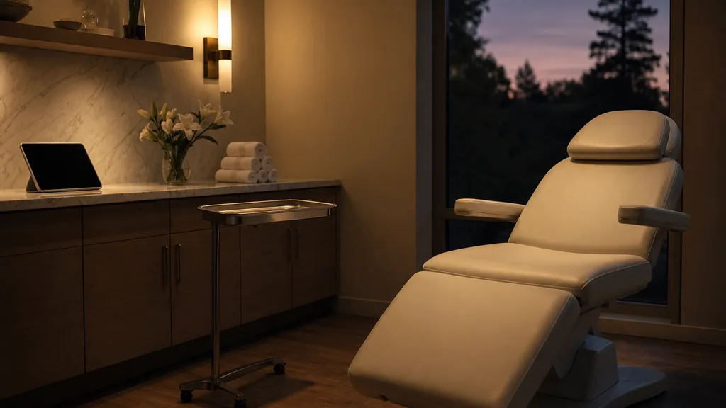 An empty medical spa treatment room at dusk in soft navy shadow with a reclined leather chair, a covered instrument tray, a blank tablet on a marble counter and diffused light through sheer blinds