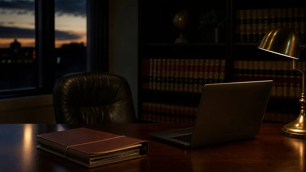 An empty personal injury law office at dusk with a closed case file and a blank monitor on a dark walnut desk, a leather chair turned away, bookshelves in shadow and city light through tall blinds